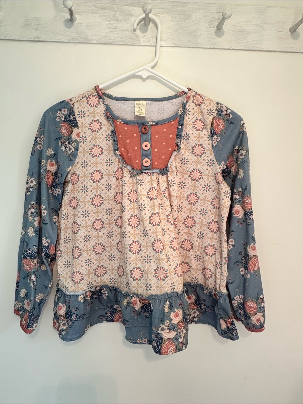 Matilda JaneFloral Patchwork Long-Sleeve Peasant Top - Blue & Cream